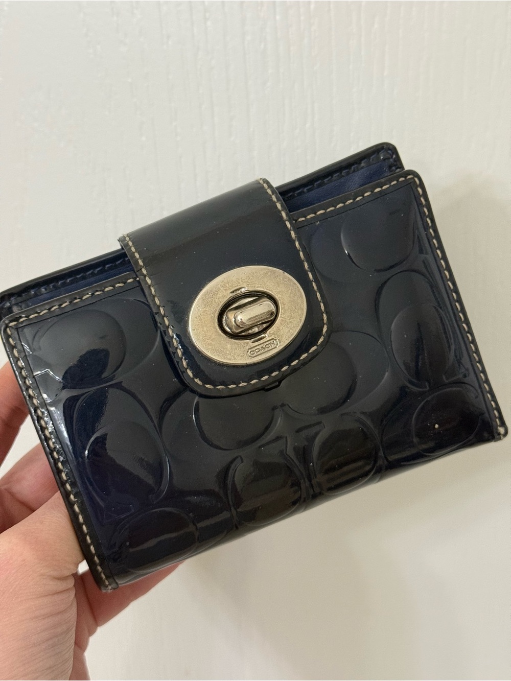 Coach Embossed Blue Patent Leather Turnlock Mini Planner Wallet